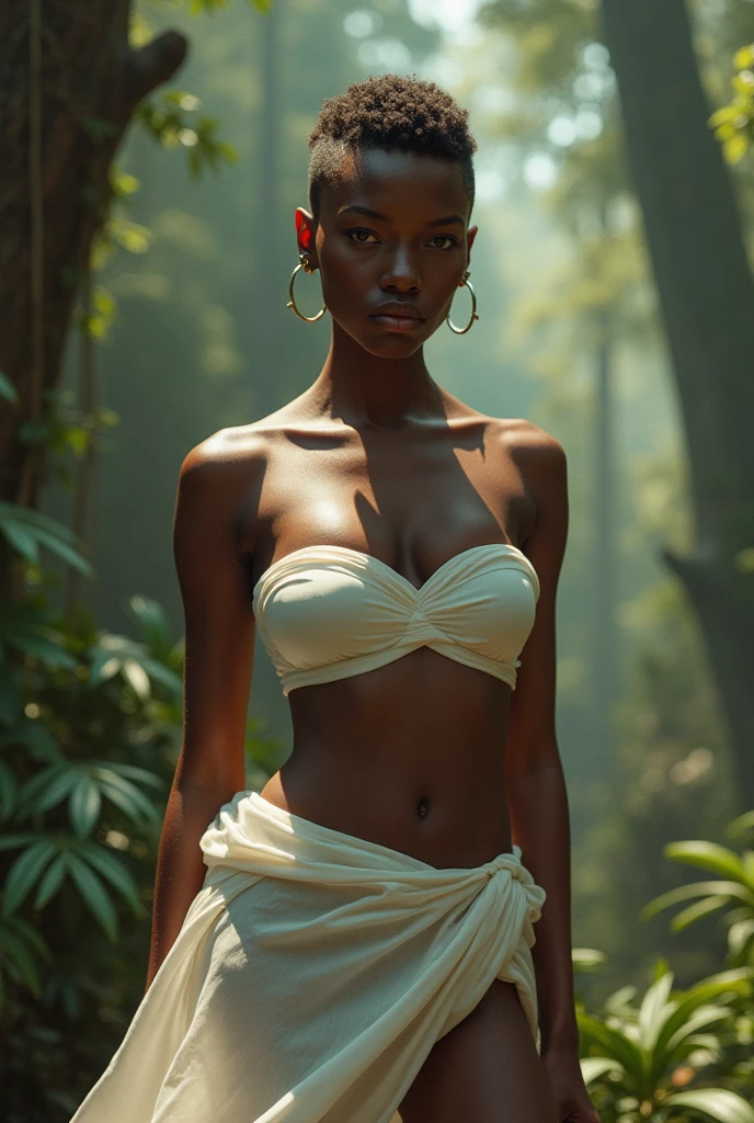 young black woman, short black military buzz cut, dark and well tanned skin, hoop earringswearing a see through white silk strapless crop top and sheer silk mini skirt, in the background an enchanted mystical forrest