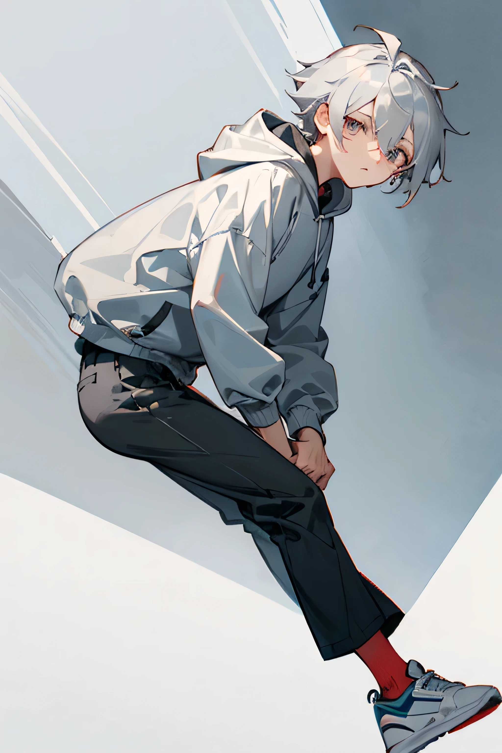 boy -  - silver eyes - silver hair - cute - wearing graphite grey hoody with dark graphite grey pants and white sports shoes 