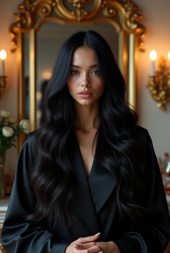 A hyper realistic women, flowing long black hair bundle , in front of mirror, ultra luxury hair dressing room camera focus on long hair, cinematic 4k shot,