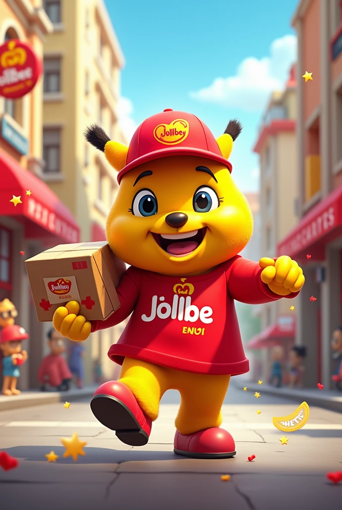 create a photo a free delivery in Jollibee use only red, yellow and white color animated