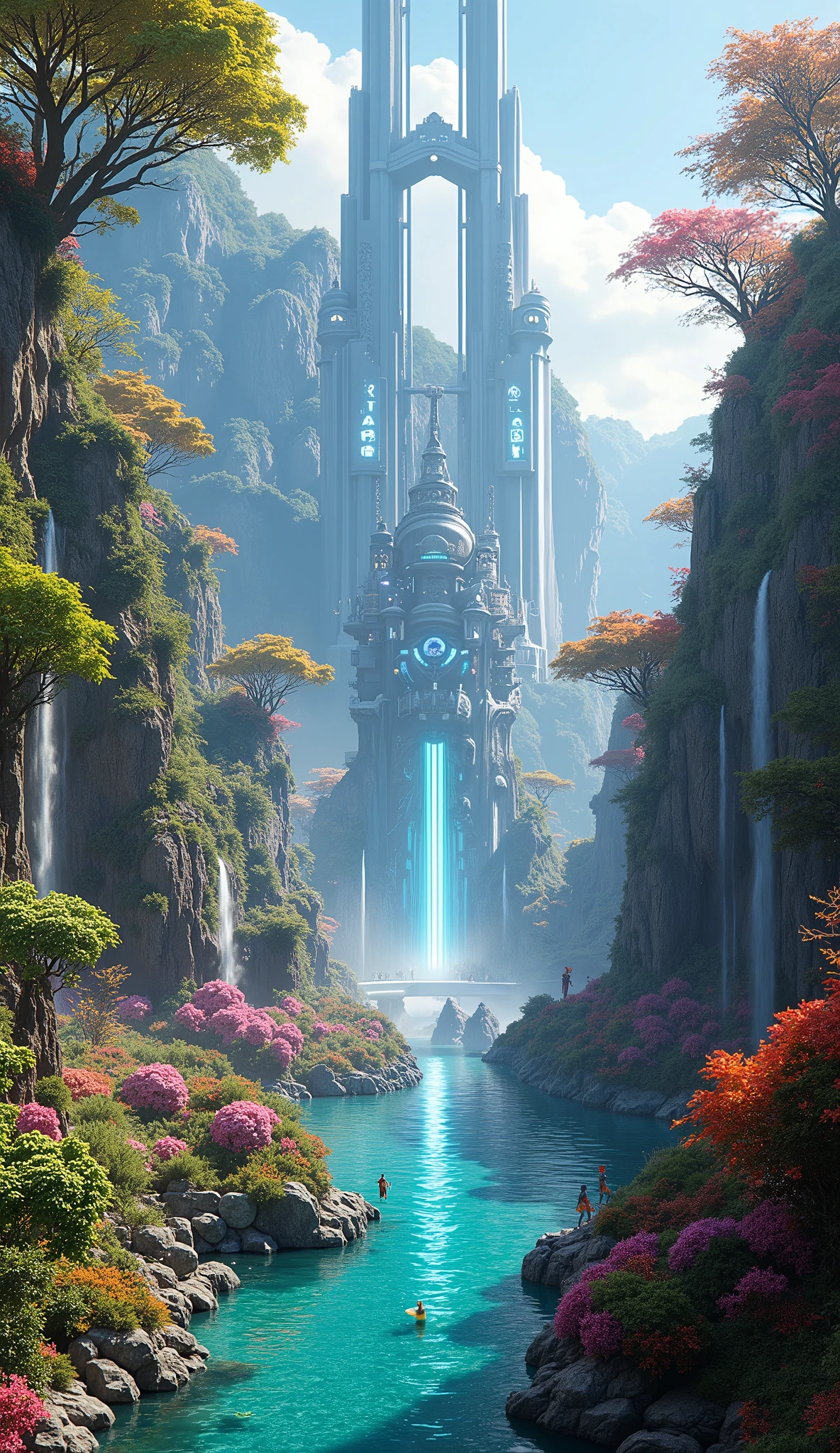 Create an image of the OIASIS from the book ready player one, from a good color perspective, to the game itself, How could they be waterfalls?.