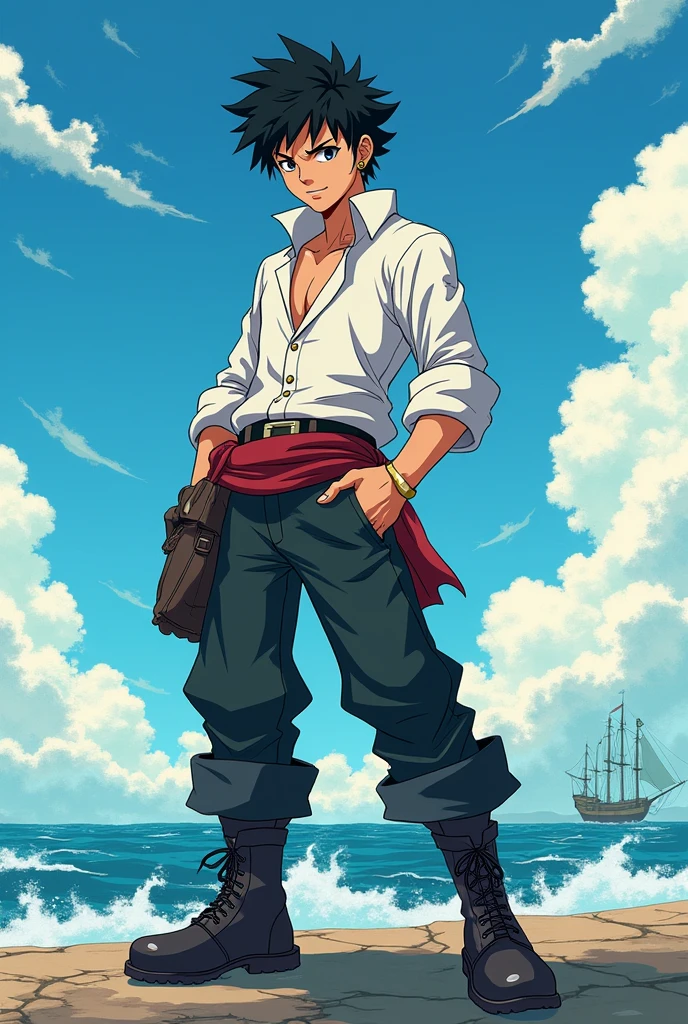 Create an anime-style character Pirate with short black hair