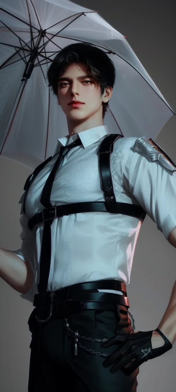 1 male handsome, high resolution 8k, adult, 2, perfect face, detailed face, muscular, black eyebrows, black eyelas, Detailed face, perfect face, real skin texture, detail Perfect hand, details, Real and complete hand details, unreal engine, hd picture, short hair, green to orange eyes, eye details, white skin, Zayne, love and deep space, hold an umbrella