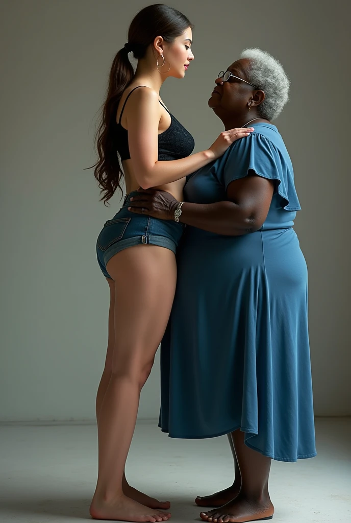 Create an image of a young woman in her 20s, with brown hair tied in a ponytail, white-skinned, with a curved and slender body, who's naked, without clothes and is being carried by the buttocks that are exposed and open in the image, in the arms of a 90 year old lady, that is standing, that is fat, who is wearing a flowery dress and wearing glasses, who has dark and black skin.