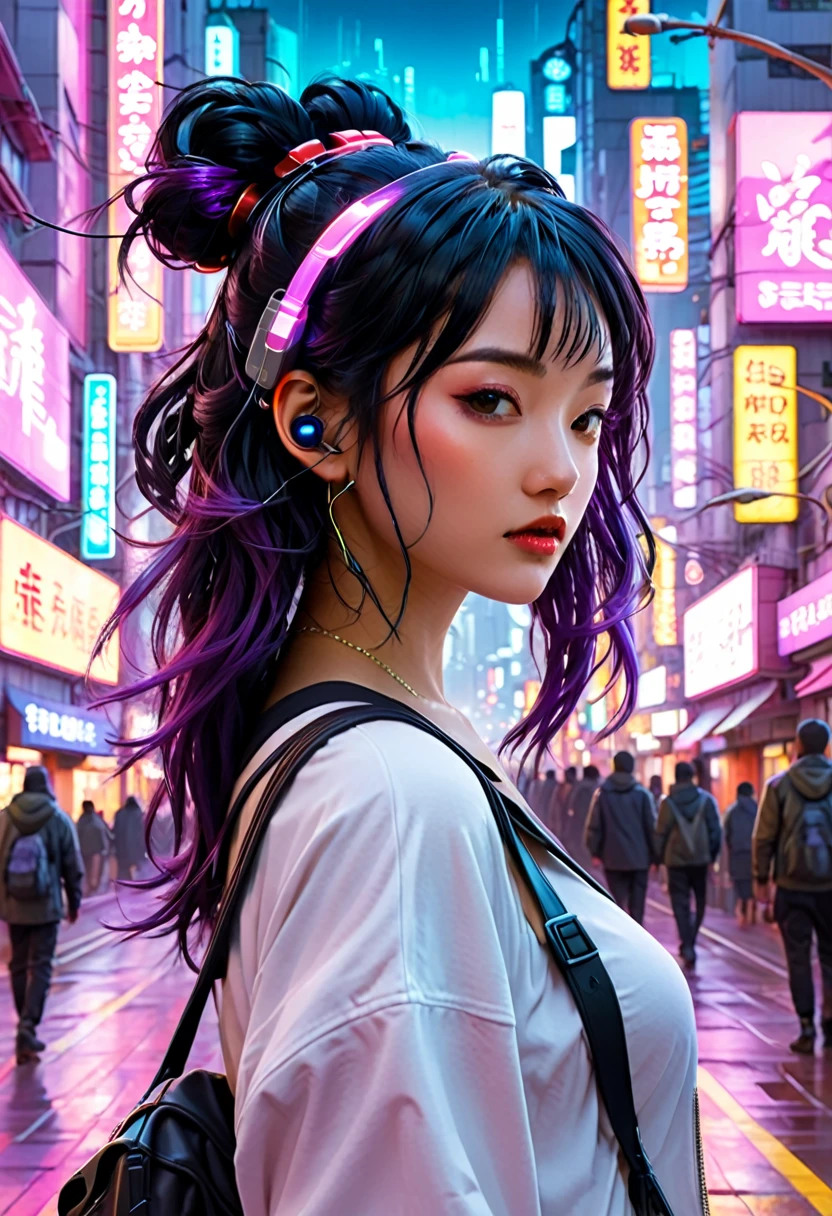 Cyberpunk city background、The image depicts a woman with black hair, neon-colored reddish purple hair accessories, and earphones.。In the background、Brightly colored signs and buildings can be seen.、It has a futuristic and urban feel.。This illustration is、Cyberpunk and anime、As seen in genres such as games、Expressing a worldview where technology and humanity are fused together