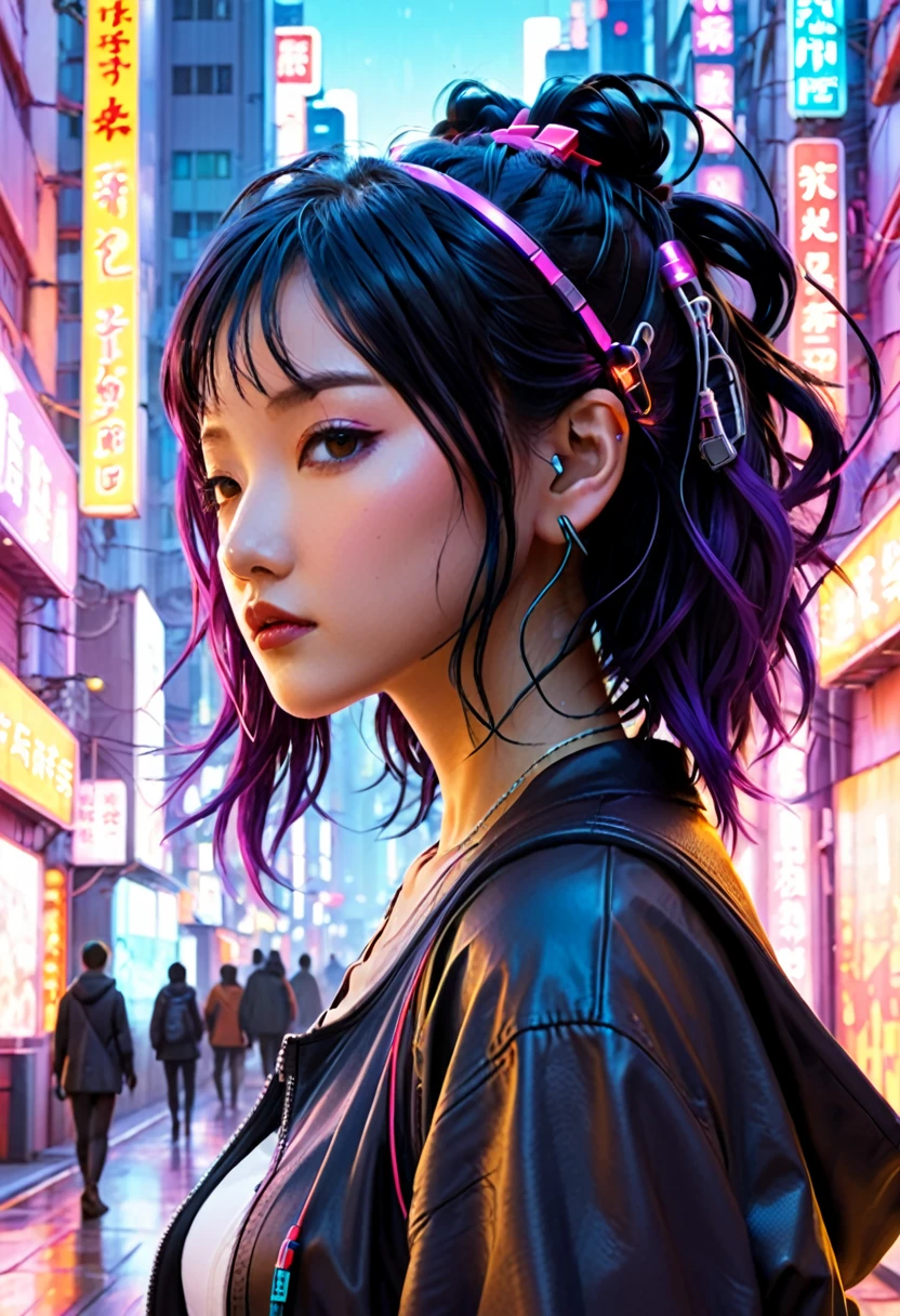 Cyberpunk city background、The image depicts a woman with black hair, neon-colored reddish purple hair accessories, and earphones.。In the background、Brightly colored signs and buildings can be seen.、It has a futuristic and urban feel.。This illustration is、Cyberpunk and anime、As seen in genres such as games、Expressing a worldview where technology and humanity are fused together