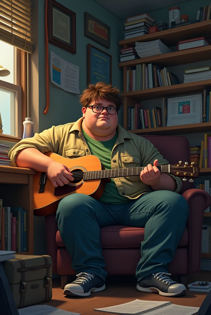Fat engineering college student with guitar