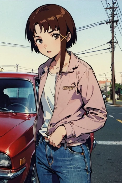 (masterpiece, Highest quality), Highest quality, ((photographic backdrop, SixtiesRamada)), Amazing details, Line art, Written boundary depth, Flat Shading, yoshinari yoh, 1girl, solo, ((iwakura lain)), (iwakura lain stands on oldsmobile which parked on some deserted street of Texas), long sleeves check patterned shirt, denim pants, sneakers, cowboy hat, Expressive eyes, Perfect Face, (skinny, flat chest, small breast), Art Nouveau, Bokeh, (((Anatomically correct))), squinting, open mouth, american classic car, oldsmobile