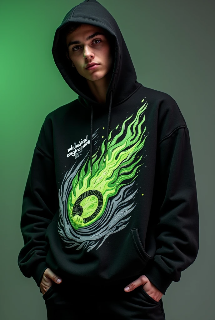 Black oversized hooded sweatshirt, with a print on the chest in cartoon style with fire in green gray and white and the writings: mechanical engineering and UTFPR