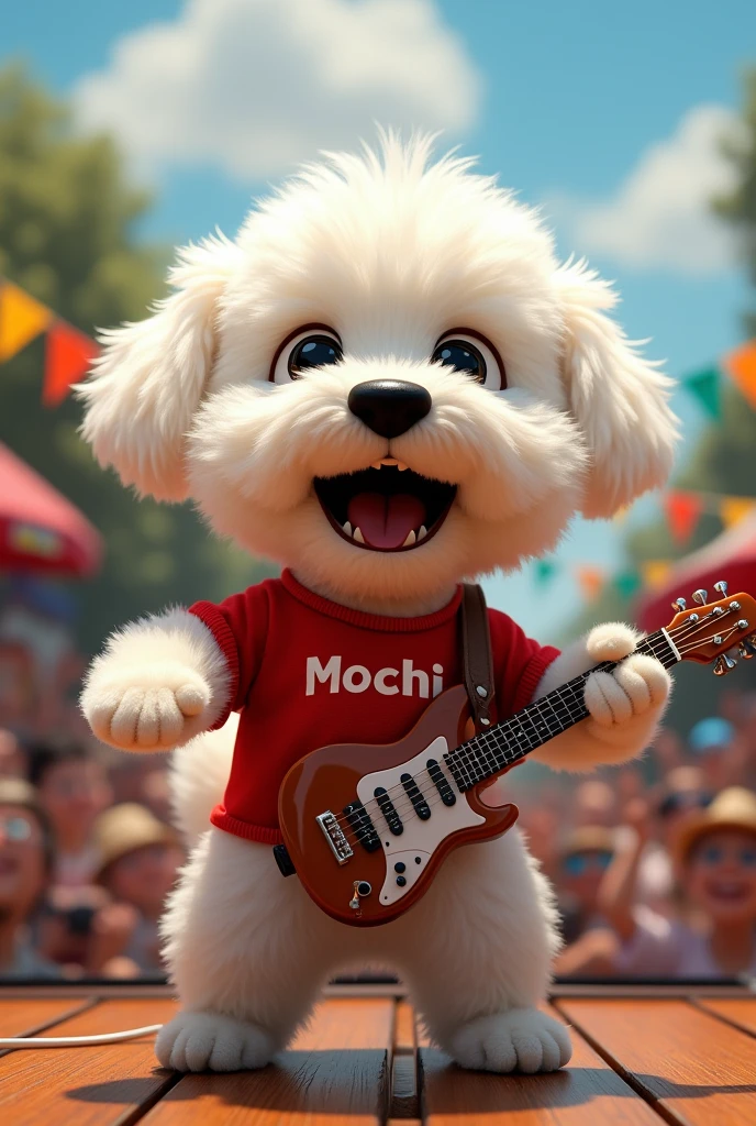 White haired bichon frise puppy with black muzzle and black eyes, wearing red shirt with MOCHI written on it, playing guitar and singing on stage, band outdoor festival, stage seen from oblique front,