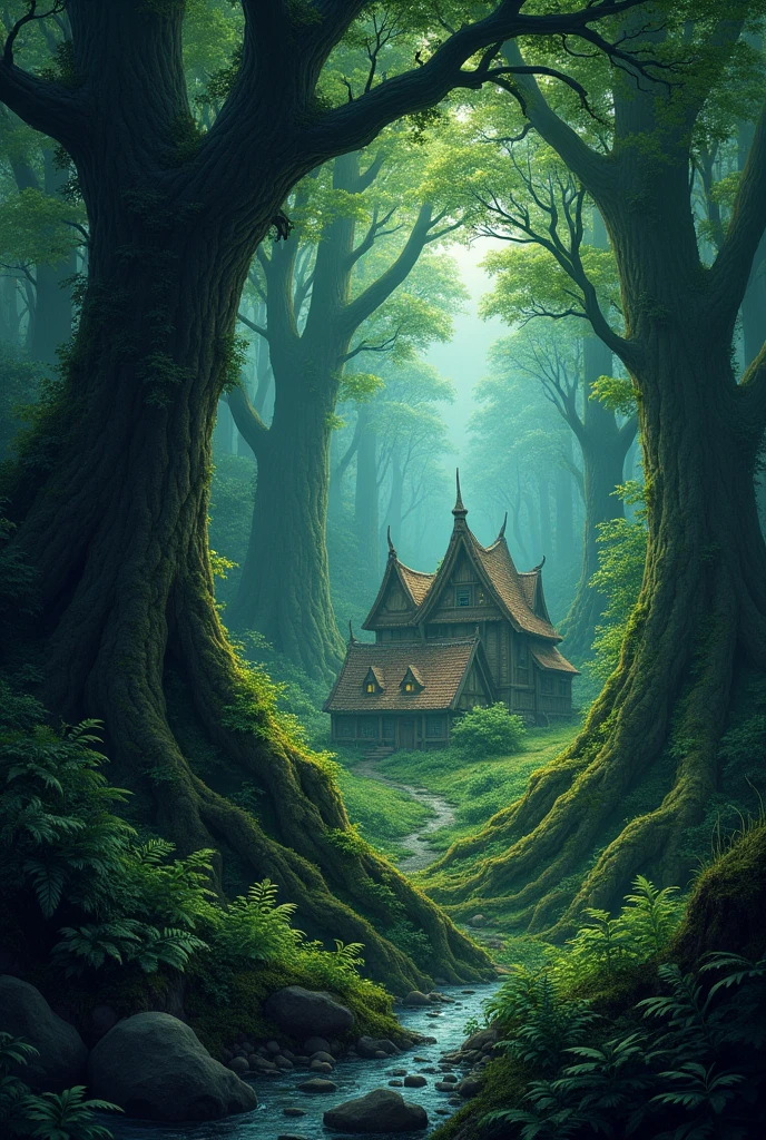 A dense green and dark forest near a small village.
