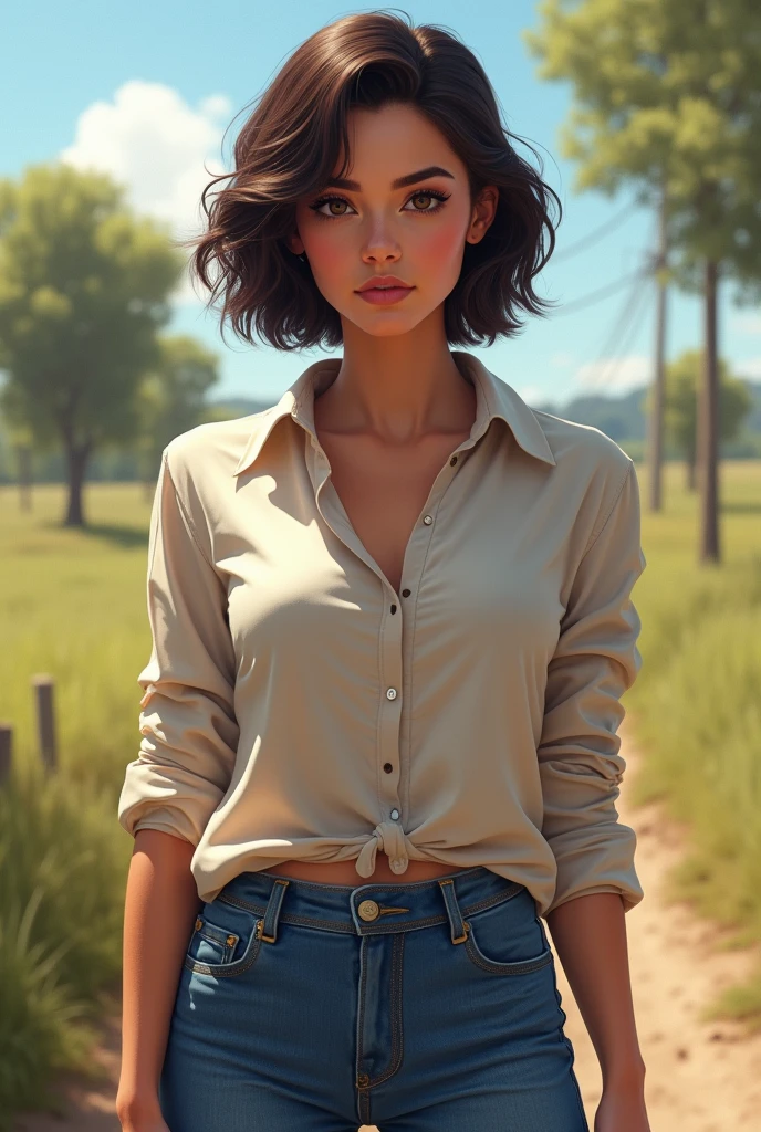 Photorealistic young latina woman her face has long oval shape has small narrow forehead, low hairline, downturned eyes, straight eyebrows And straight wide nose with a bumpy bridge, small mouth, of hourglass silhouette, large breasted, her wavy short hair Is dark chocolate in a buzzcut, she wears a fitted two button down long sleeves shirt And jeans, it's a Sunny day at the pastures, scattered trees And bushes