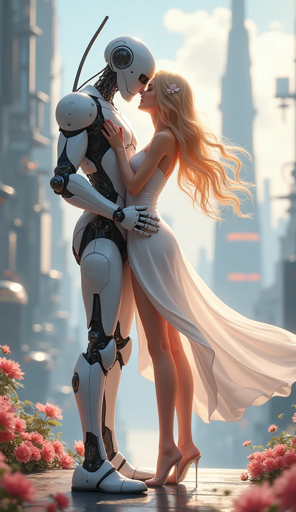 Anime Girls, White Dress, White high heels, Pretty face, Full Height, Making love with her long-haired blonde robot boyfriend、The background is a futuristic landscape