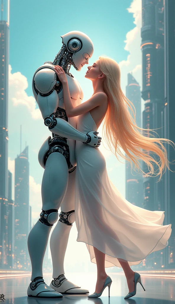 Anime Girls, White Dress, White high heels, Pretty face, Full Height, Making love with her long-haired blonde robot boyfriend、The background is a futuristic landscape