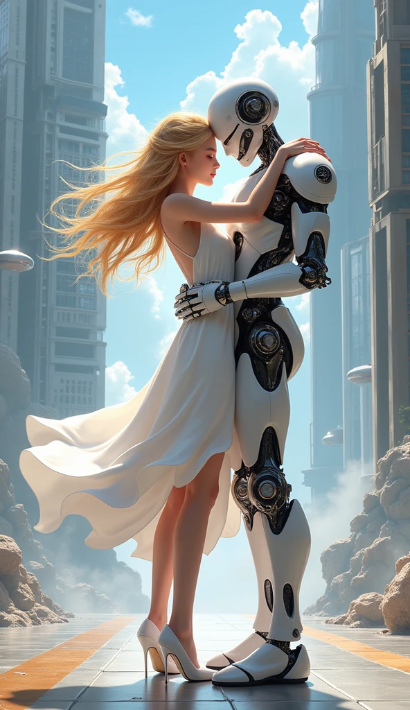 Anime Girls, White Dress, White high heels, Pretty face, Full Height, Making love with her long-haired blonde robot boyfriend、The background is a futuristic landscape
