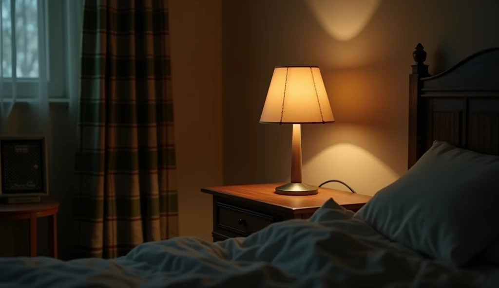 Realistic, cinematic, An photo of a cozy, dimly lit room focusing on a bedside table with a lamp. The lamp, with a simple beige shade, casts a warm, soft light that illuminates part of the table and the wall behind it. The wall features a plaid-patterned curtain in shades of green, red, and beige, adding a touch of warmth to the scene. The light from the lamp creates a gentle shadow on the curtain, enhancing the depth and texture. The room has a peaceful, almost nostalgic atmosphere, emphasized by the muted colors and the soft glow of the lamp.