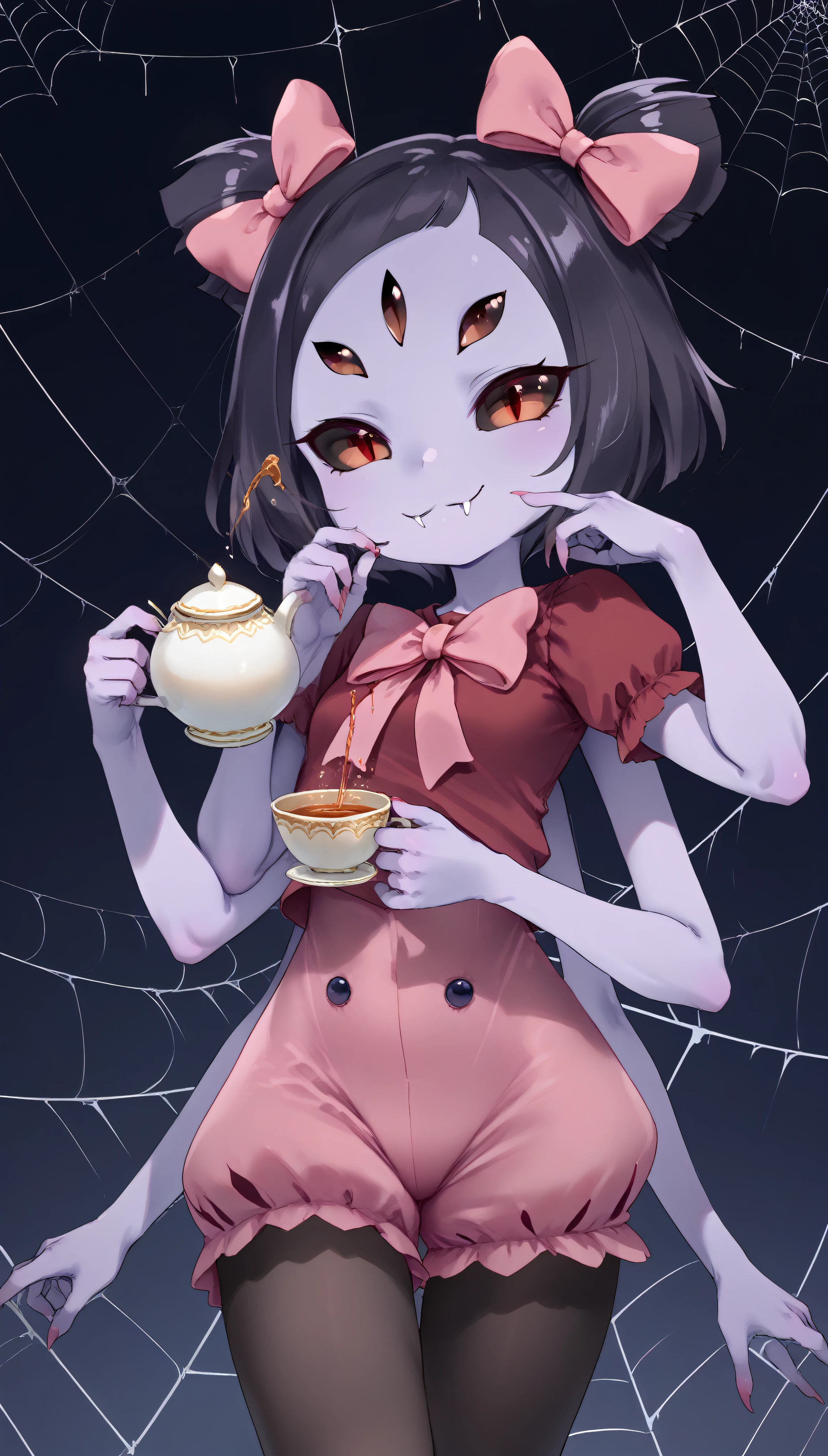 score_9, score_8_up, score_7_up, score_6_up, score_5_up, score_4_up, source_anime,source_furry,rating_safe,rating_questionable,masterpiece, best quality, perfect anatomy , very aesthetic , absurdres,solo,1girl\(muffet,cute,chibi,monster girl,purple skin,humanoid, arachnid, anthro,(fangs),twin tails,hair bow,5 eyes,spider girl,6 arms, 6 hands,black sclera,red eyes, evil smile, clothed, holding teapot, holding teacup,beautiful spider webs, tight red shirts,pink ribbon tie, tight pink bloomers,pouring tea into teacup,black arm cover, black pantyhose,\), from below,cute pose,small spiders