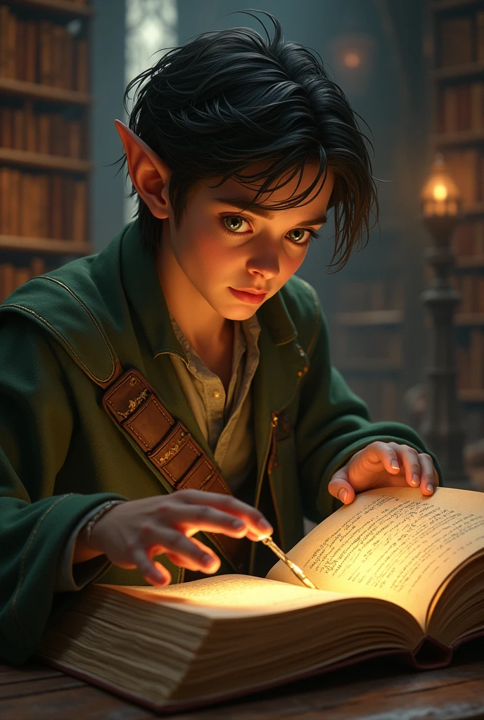 Elren as a young elf teenager with bright eyes and a curious mind, immersed in ancient scrolls in a vast magical library. His expression of fascination reveals his thirst for knowledge, as your hands slowly run through the pages of the forbidden texts.