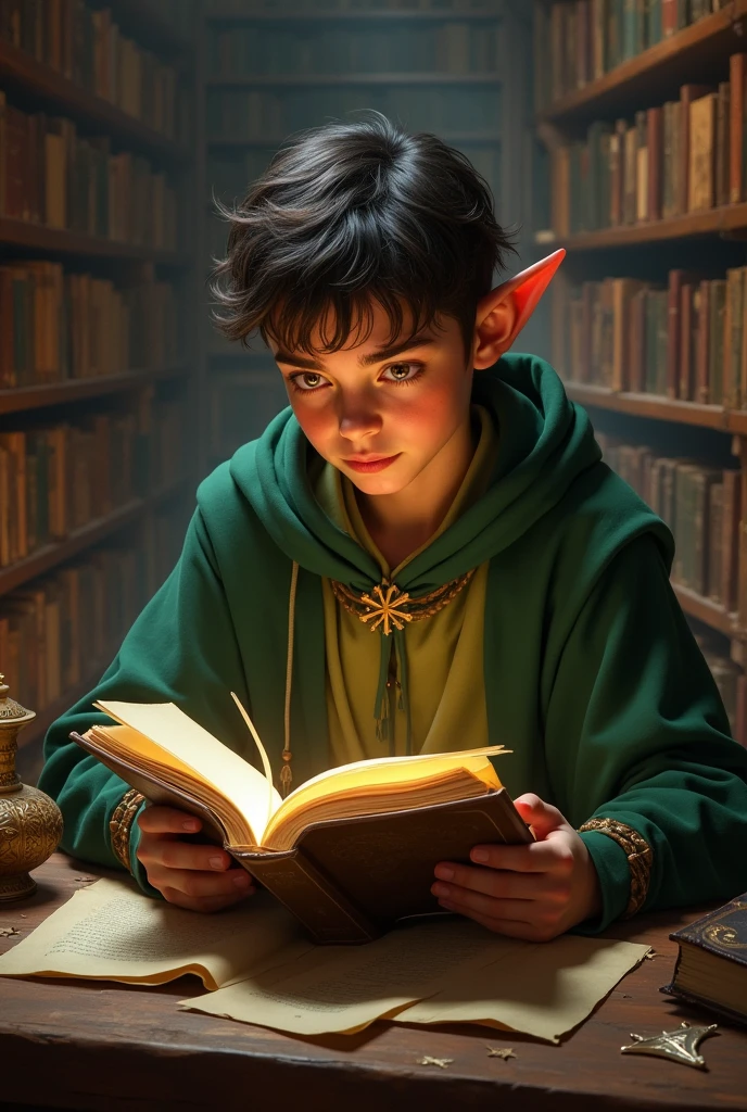 Elren as a young elf teenager with bright eyes and a curious mind, immersed in ancient scrolls in a vast magical library. His expression of fascination reveals his thirst for knowledge, as your hands slowly run through the pages of the forbidden texts.