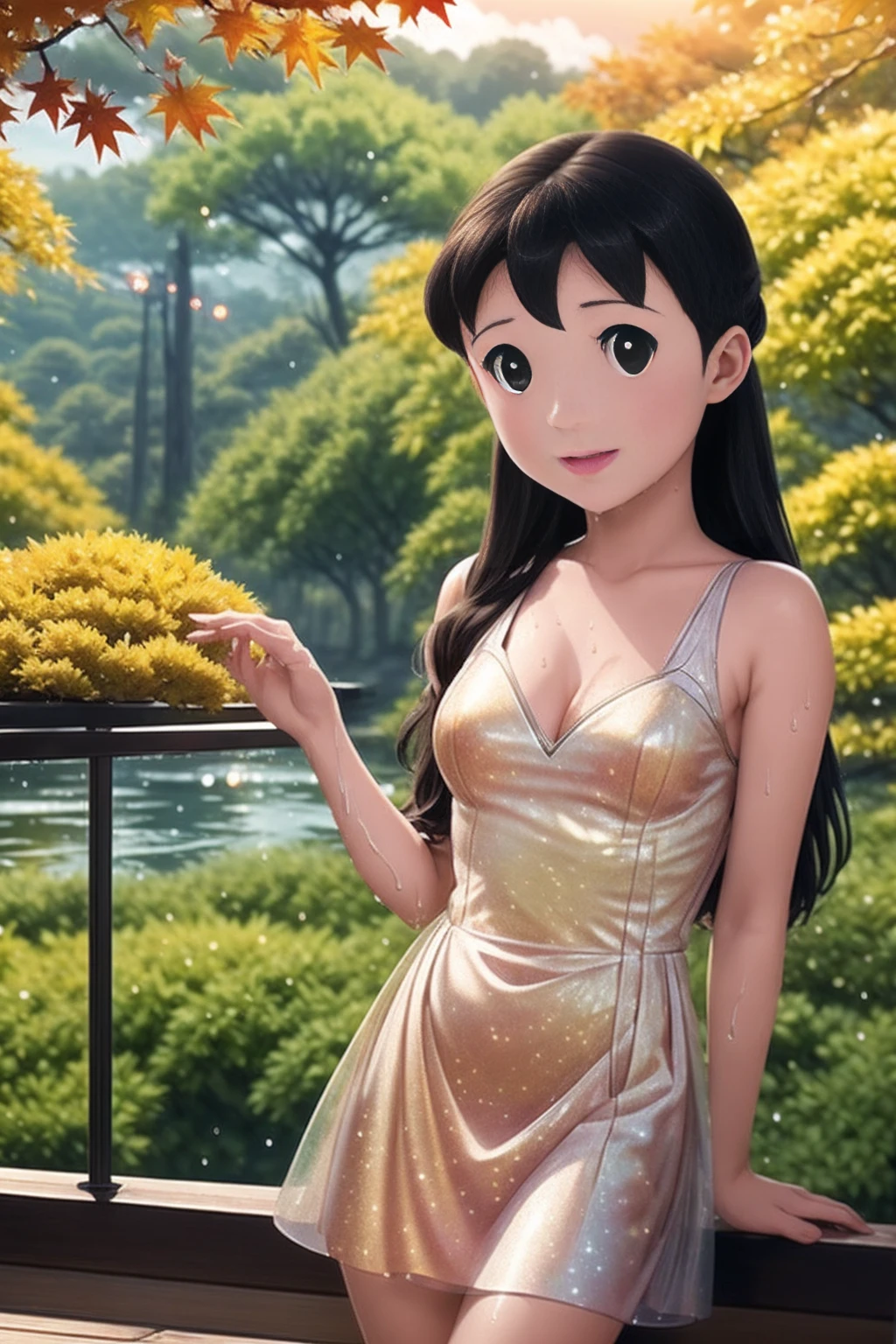 Wallpaper, standing autumn, maple leaves, trees, sky, white clouds, HD detail, wet watermark, hyperdetail, film, surrealism, soft light, deep field focus bokeh, ray tracing, diffusion (ultra-fine glass reflection) and surrealism. deep v dress