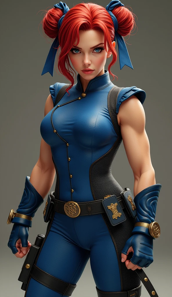 Scarlett Johansson, merging the fierce presence of Black Widow with the strength of Chun-Li, stands poised for battle. Her iconic red hair is styled in Chun-Li's twin buns, each tied with blue ribbons, while she dons a modified blue qipao over Black Widow's tactical bodysuit, blending elegance with practicality. Her eyes are focused, reflecting a mix of steely resolve and the compassion of a fighter who knows both sides of war. Muscular legs are braced for action, ready to deliver a powerful kick, while her hands, still gloved, flex with anticipation. It’s a fusion of two worlds—Black Widow’s cunning and Chun-Li's indomitable spirit—creating a warrior who embodies both strategy and strength, poised on the edge of action with unwavering determination.