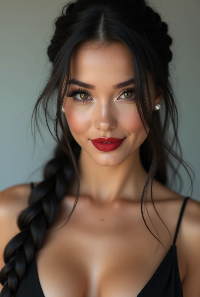 close-up, extreme close-up, close-up portrait, portrait, ultra realistic, photography, long black straight hair in a ponytail, elegant braided hair, (30 years old, hazel eyes, hourglass figure, perfect fit body, natural big breasts), firtatious look, crimson red lipstick, femme fatale, long eyelashes, cat-eye make-up, silk top, highlight her cleavage, highlight her curves