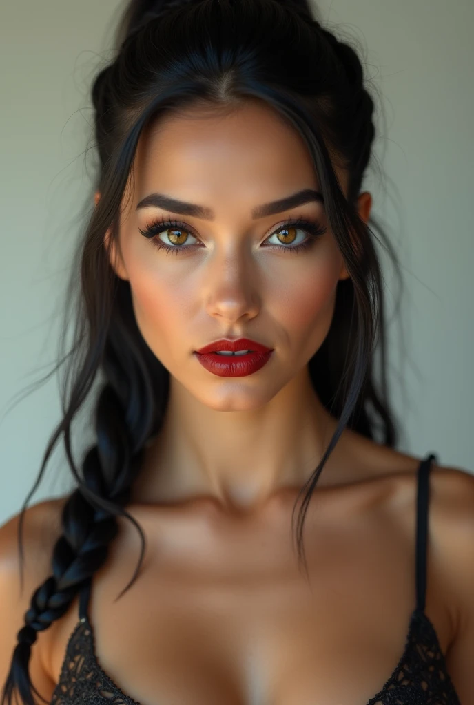 close-up, extreme close-up, close-up portrait, portrait, ultra realistic, photography, long black straight hair in a ponytail, elegant braided hair, (30 years old, hazel eyes, hourglass figure, perfect fit body, natural big breasts), firtatious look, crimson red lipstick, femme fatale, long eyelashes, cat-eye make-up, silk top, highlight her cleavage, highlight her curves