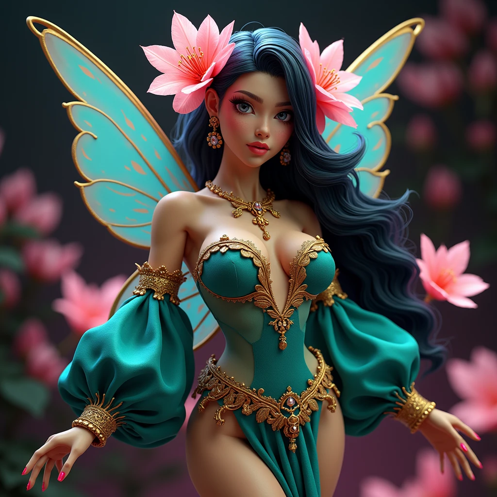 A 24K 3D HD hyper-realistic image of a Latin sexy fairy with neon pink hair adorned with petals and glistening pollen. She is wearing an elegant turquoise and gold outfit with intricate details. The fairy has mesmerizing eyes that sparkle like morning dew. She is standing in a dark fantasy setting with rich colors and textures. The image has a cinematic vibe with vibrant colors and intricate details.