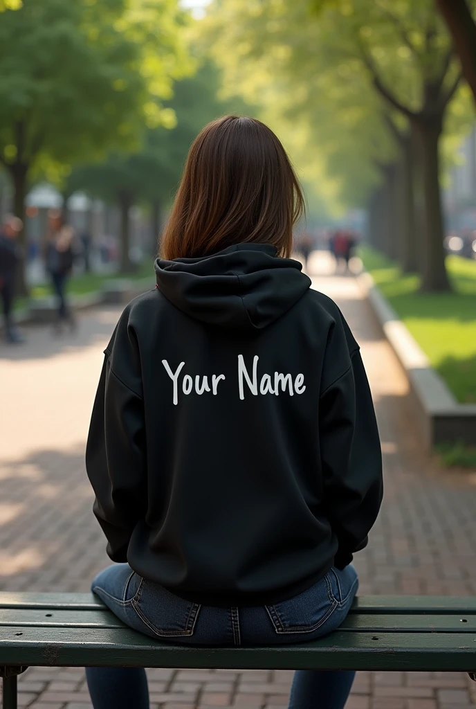 A lady sitting on public park 
Wearing black hoody and jeans 
YOUR NAME writing on back side of the shirt