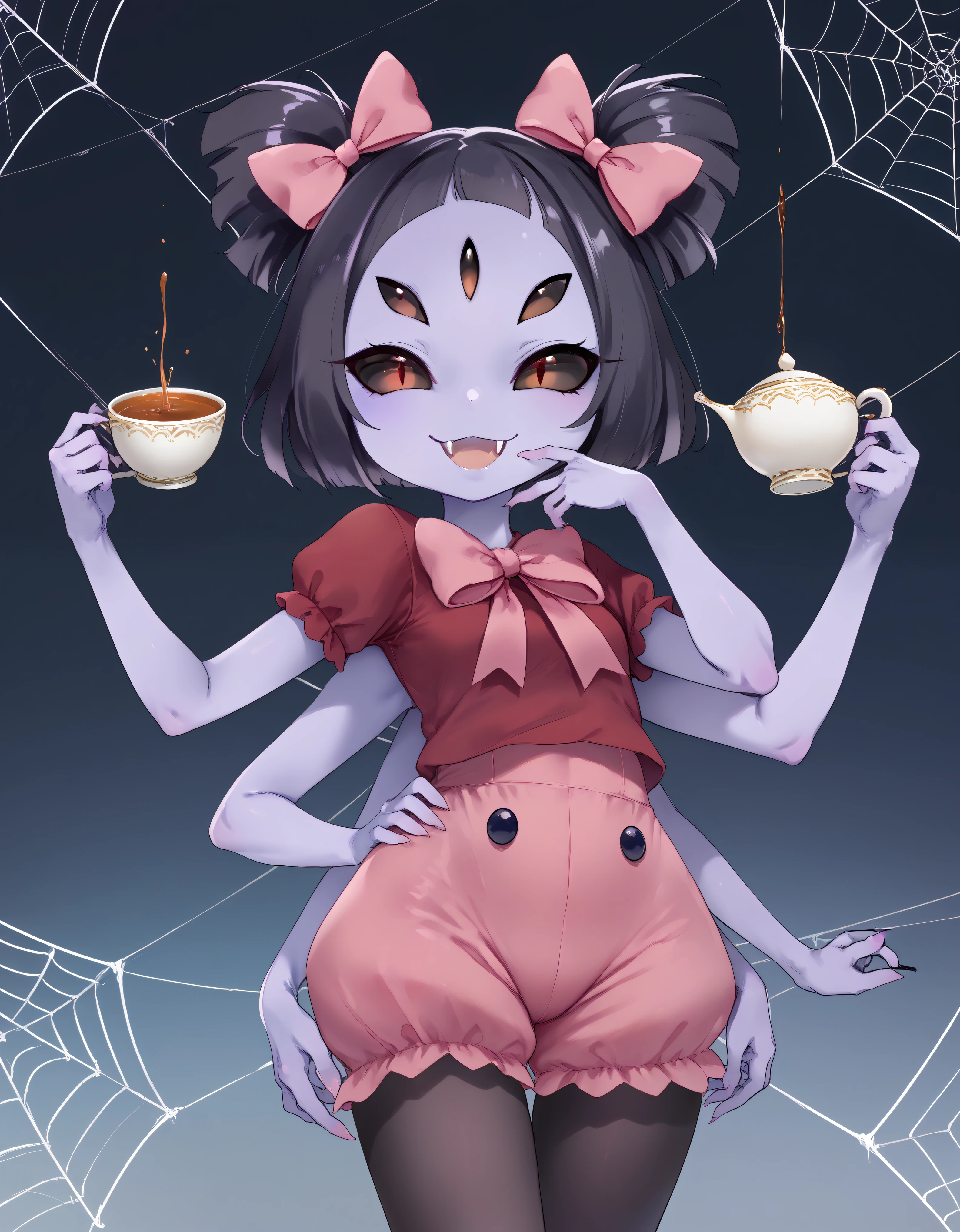 score_9, score_8_up, score_7_up, score_6_up, score_5_up, score_4_up, source_anime,source_furry,rating_safe,rating_questionable,masterpiece, best quality, perfect anatomy , very aesthetic , absurdres,solo,1girl\(muffet,cute,chibi,monster girl,purple skin,humanoid, arachnid, anthro,(fangs),twin tails,hair bow,5 eyes,spider girl,6 arms, 6 hands,black sclera,red eyes, evil smile, clothed, holding teapot, holding teacup,beautiful spider webs, tight red shirts,pink ribbon tie, tight pink bloomers,pouring tea into teacup,black arm cover, black pantyhose,\), from below,cute pose,small spiders,dynamic pose