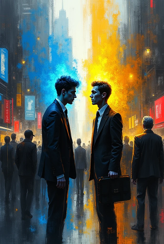 expressionism art busy morning commute with 2 distorted people giving blue and yellow aura