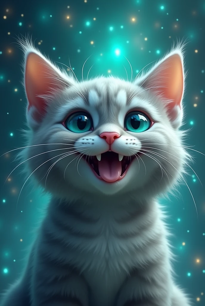 create a cute cat, is he happy, realisitic, focusing on your nose and mouth, focus on the whiskers, zoom in on nose and mouth, with tusks, canine tooth, gray color with turquoise, super realisitic, turquoise galaxy background