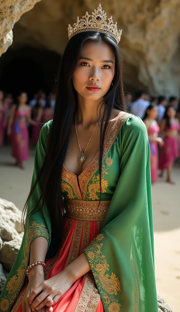Lifestyle shooting. The beauty (thai canada) lady with (straight black long hair), crowned. Dressing in (combine 2 or more colours) kebaya batik dress with (combine 2 colour (green and gold)) cloak. Leaning on above rock of (cave beach) with crowded people