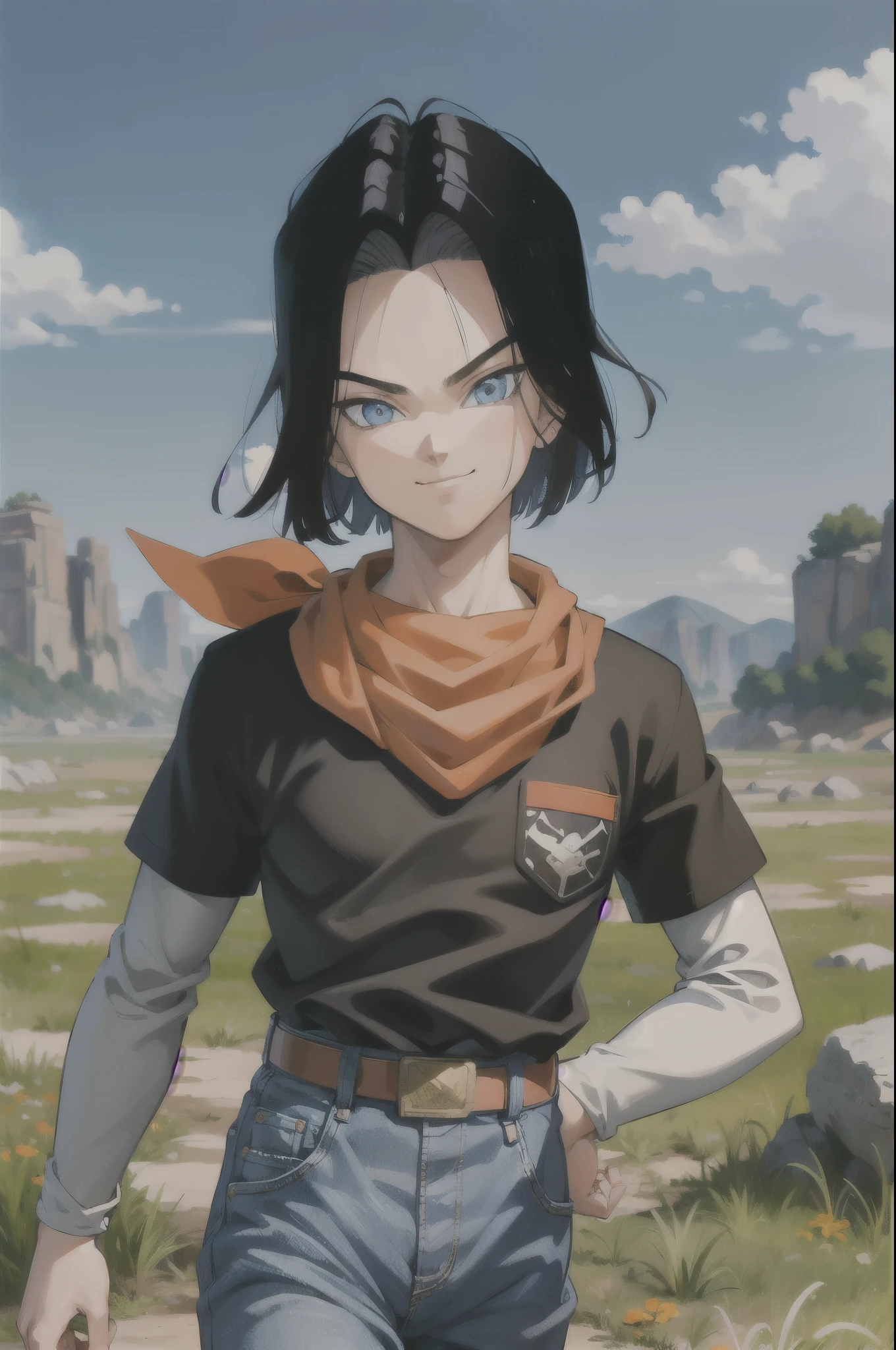 (8k, best quality, masterpiece:1.2),blue sky,rocky grassfields,1boy,android 17, (black shirt), orange bandana, jeans,brown belt,layered shirt,white sleeves,black hair, blue eyes, parted hair,red patch, short hair,upper body, evil smile, looking at viewer