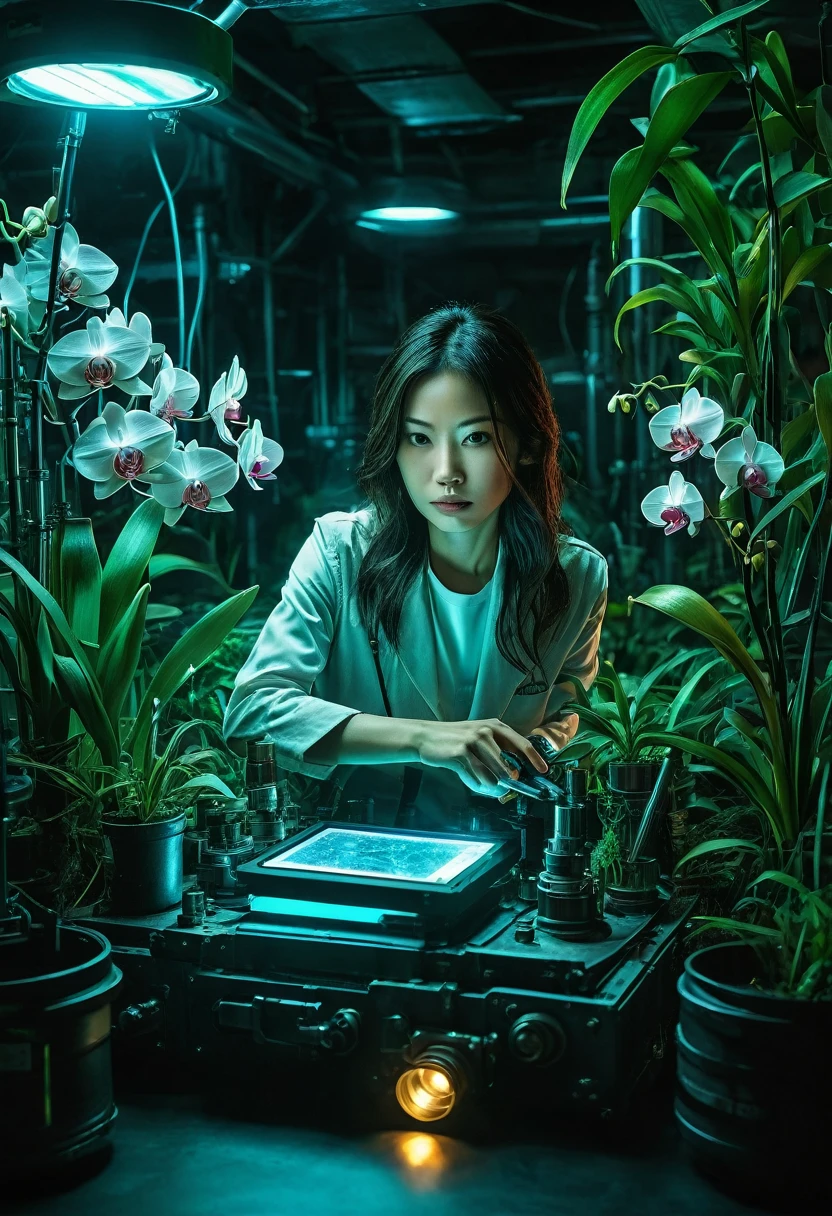 Genius botanist lady ducktail Misaki, she crouching behind an elaborate metal device, holding a tablet with incriminating data, and in her other hand a weapon she holds a standard flashlight, A futuristic secret laboratory, rows of glowing cylindrical containers filled with rare orchids, bioluminescent plants emitting an eerie blue-green light, Alarms blinking red, steam hissing from pipes, floor reflective, holographic display showing molecular structure of plants, vial of liquid glowing in foreground, exit sign illuminated in distance, cinematic action scene composition, saturated colors, lens flare, ultra-detailed, intricate detail Highly Detailed Eyes, Faded, 16K resolution, RAW, Nikon Z9, Creative, Masterpiece, Fantasy, High Definition, High Quality, 8k, Realistic, Dramatic Lighting, Soft Focus, Digital Illustration, Intricate Mechanics, Advanced Techniques, Dark Background Cinematic, High Contrast, High Contrast Atmosphere, (Best Quality, 4k, 8k, High Definition, Masterpiece: 1. 2), Ultra-Detailed, (Realistic, Graphic, Photorealistic: 1. 4) -- No Glass --AR 16:9 --Stylize 1000