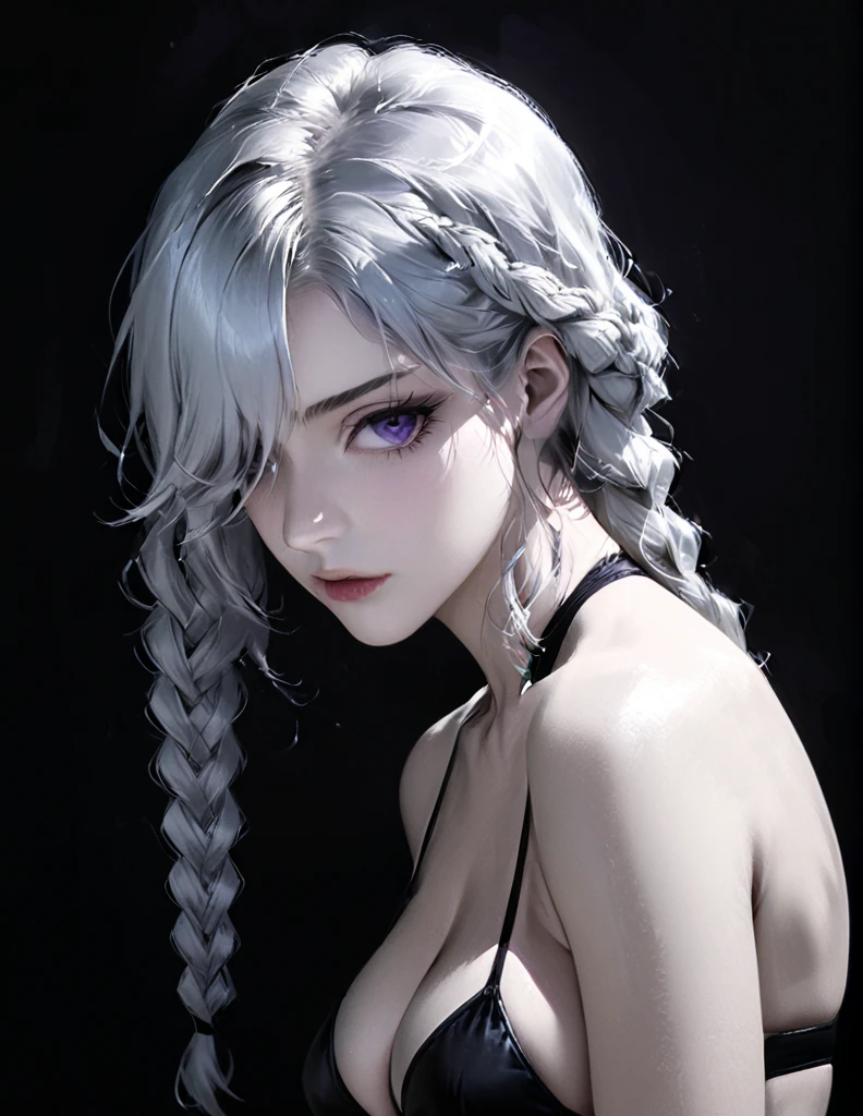 mei mei, long white hair, very long white hair, braid, hair over one eye, braided ponytail, ((front braided bangs covering one eye)), purple eyes, black metallic bikini, pinup style, sexy, submissive, minimalist, monochromatic black and white color palette, soft lighting, ((submissive)), large breasts, thin, ((solid black background)), ((looking at viewer)), realistic,