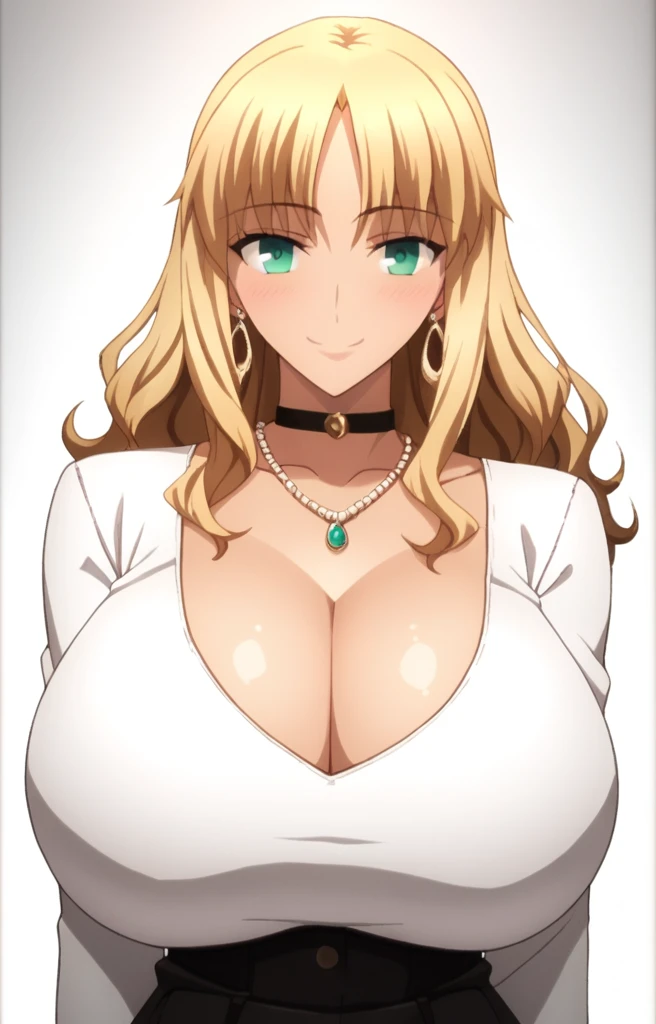 Artoria pendragon,Detailed face,Cleavage,Curvy figure,Big breast,(Long Wavy hair),Heels,Swaying hips,Bareneck,long bail,Chocker,jewelry,wedding ring,Necklace,Hoopa earring,Hoopa bracelet,Half eyes expression,Detailed face,Curly hair,(((Open bang hair))),Blonde hair,Crossing arm,smile,Light blush,Glossy light tanned skin,Thin shoulder outfit,Short skirt,emerald eyes,colorless gloss lipstic,head to waist view,Detailed face,Detailed eyes