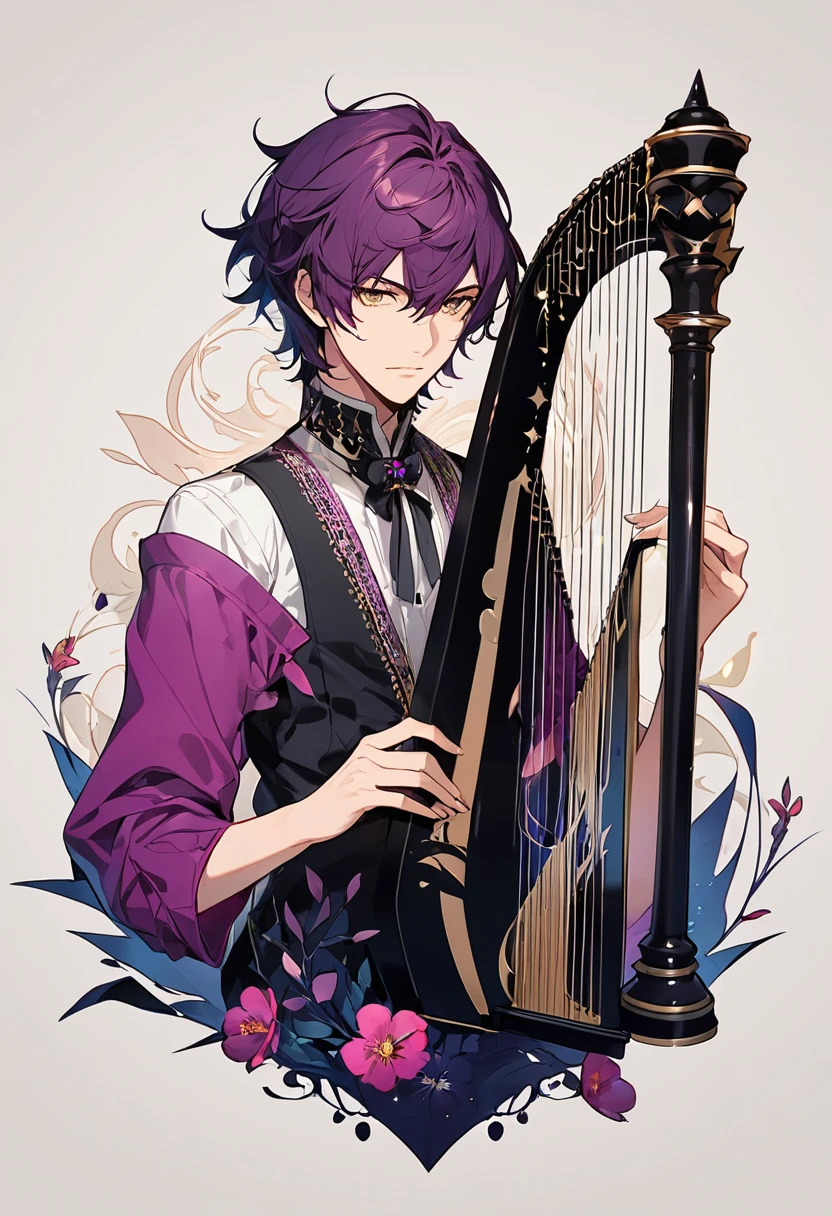 Orpheus from the video game "Persona",white background,delcate cutout,graftical designed,He has a harp, a melancholy expression,