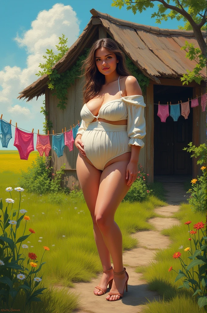 Create a vibrant painting of a landscape in which a woman with large breasts is standing outside a hut wearing a blouse petticoat. The hut is in a field and nearby are women's underwear hanging on a wire