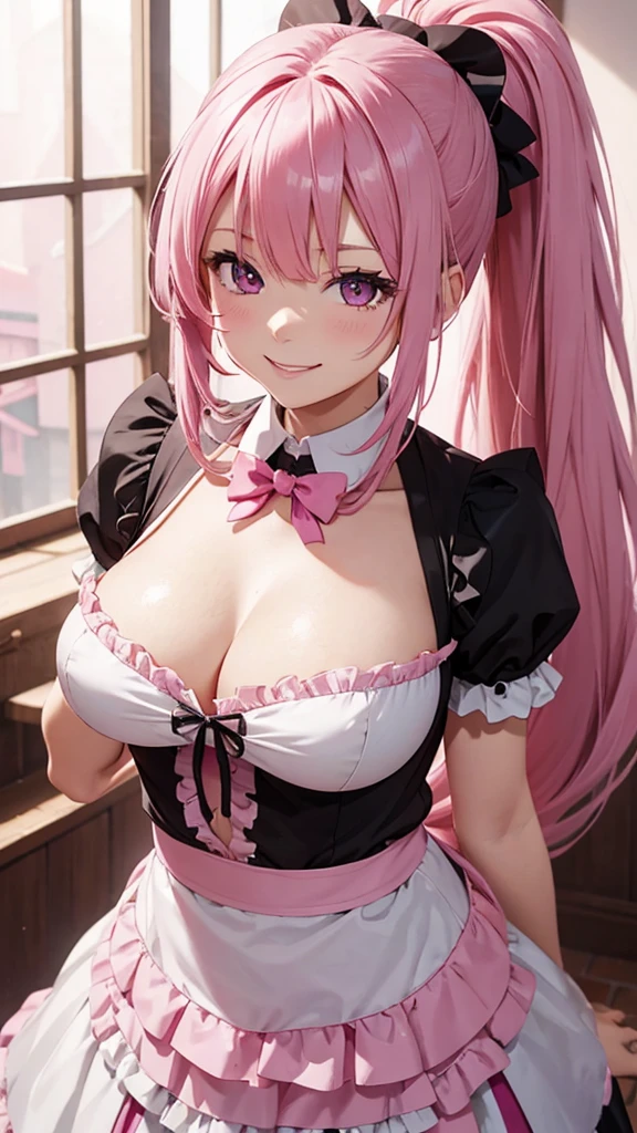 ponytail, Very long hair, Pink Hair, Bangs, chest, smiling, Eyes are hearts, pupils are open, Character portrait, Maid clothes