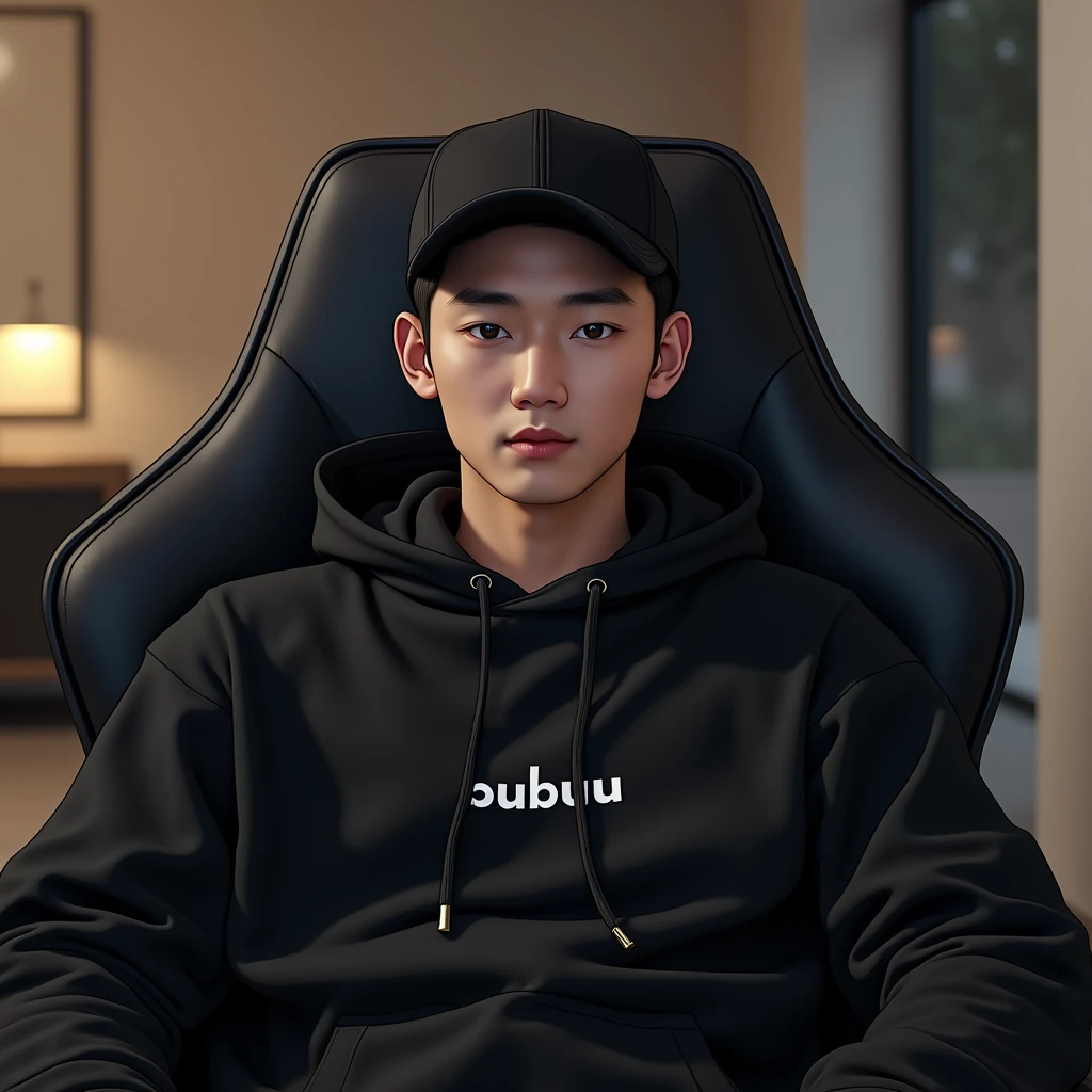 A handsome Korean man sitting on a gaming chair wearing a black polite hoodie , while wearing a black ball cap with the name on the hoodie " BUBUU "