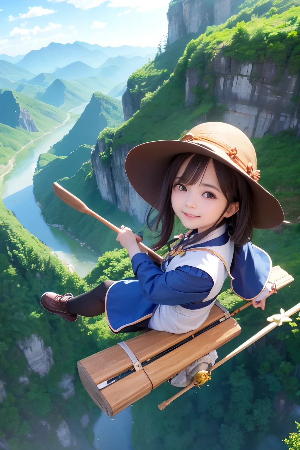 (Highest quality:1.2)。One Woman。little cute witch。Flying on a broom。Flying through steep mountainous terrain。Back view。The background is blue sky and white clouds。