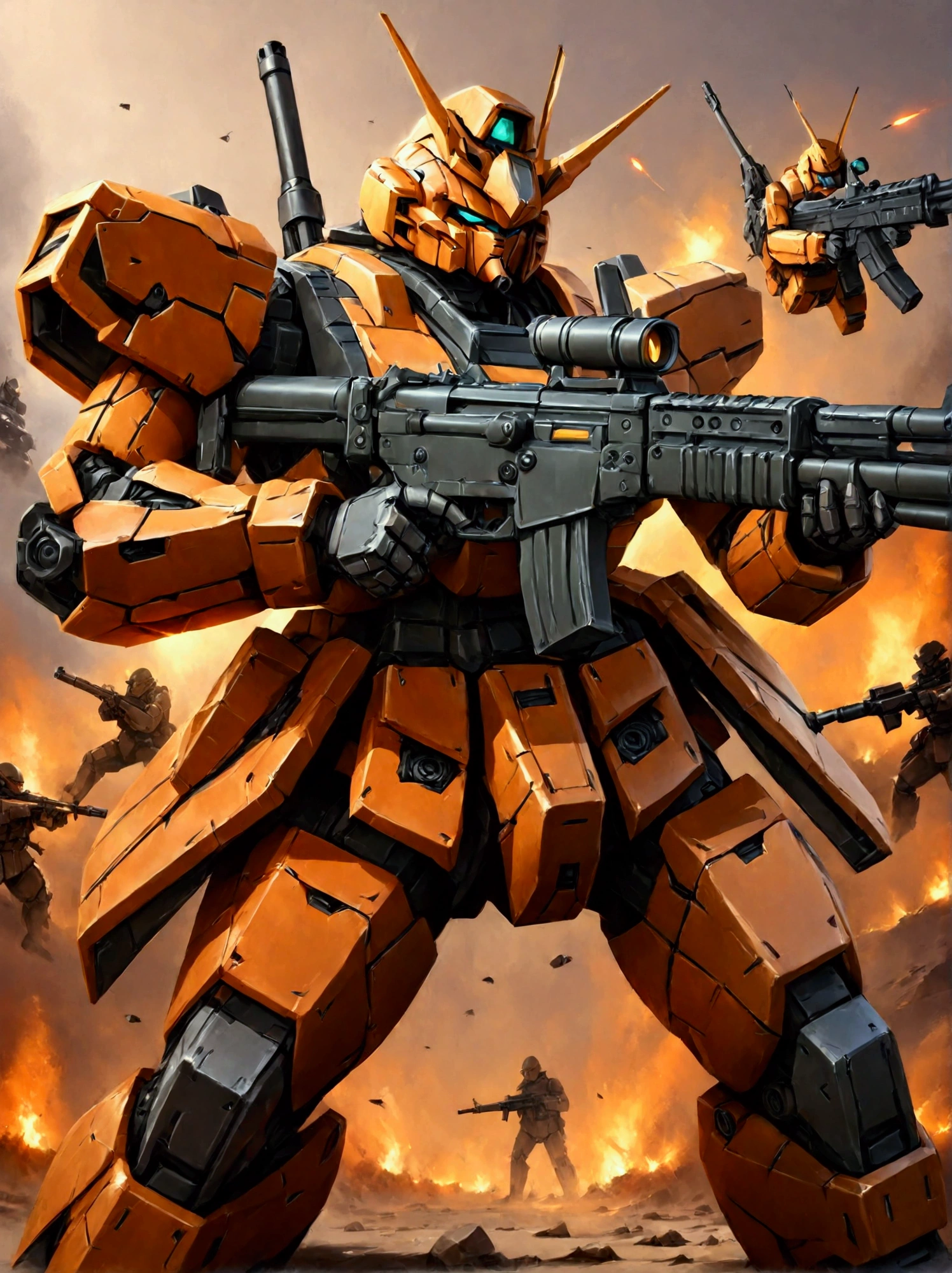 (best quality, ultra-detailed, photorealistic: 1.39), bright and vibrant colors, studio lighting, The background is a battlefield,The size is 18m,One large mobile suits,assault rifle,Firing,Hold an assault rifle with both hands and fire,Firing only from hand-held weapons,Firing at the front camera