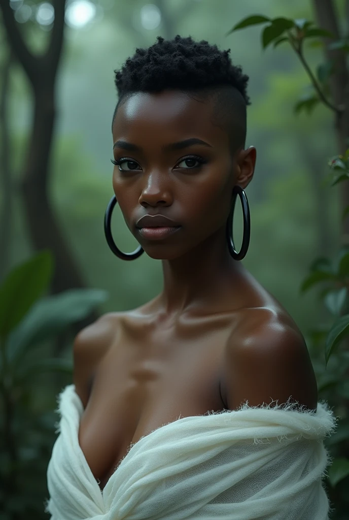 young black woman, short black military buzz cut, dark and well tanned skin, hoop earrings nude with a white sheer shawl, in the background an enchanted mystical forrest