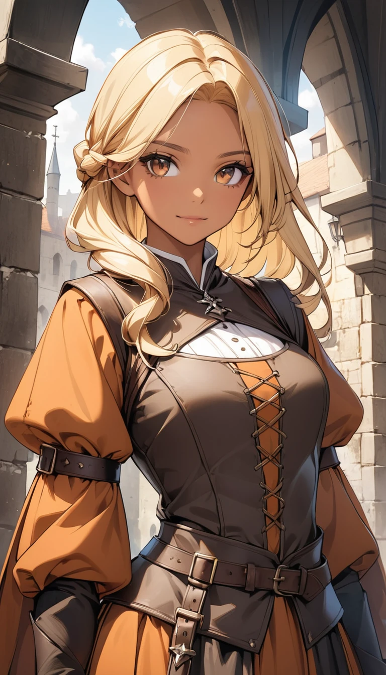 beautiful girl, blond hair, tanned skin, copper-colored eyes, (medieval outfit)