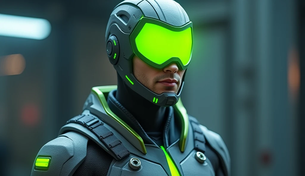 Create a superhero character called 'Techman', that is recognized by a vibrant and prominent color. The character must wear a lime green cap, chroma style, that stands out visually. The outfit must be modern and technological, with details in dark gray and blue tones, but the lime green cap must be the main element that draws attention. The design should convey the idea of an approachable and trustworthy hero., with a confident and friendly posture. The background can be a technological or futuristic environment, but the emphasis should be on the character's lime green cap, ensuring that it stands out easily in thumbnails and is immediately recognized as the superhero that helps choose the best options