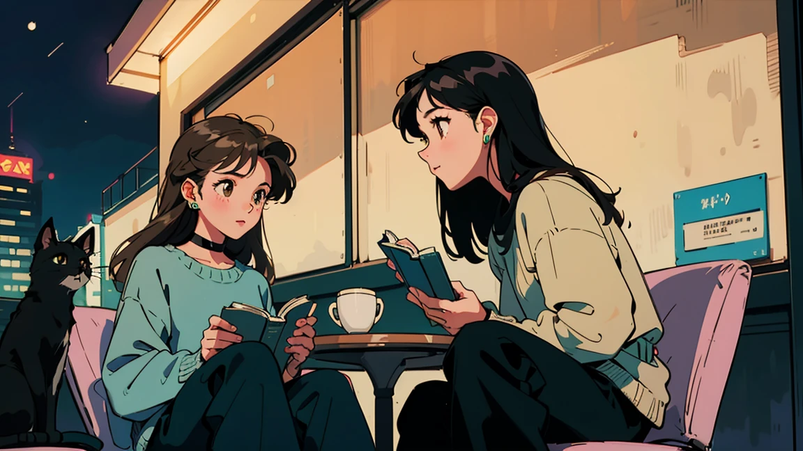 Highest quality, 8k, 1990s style,Hairstyles of the 2010s, 2 Girls, Black Hair, Long Hair, Light brown eyes, City Pop, pants ,Night view, Wear headphones,Reading a book, whole body, Relax Coffee,table,making,look at me, Black cat