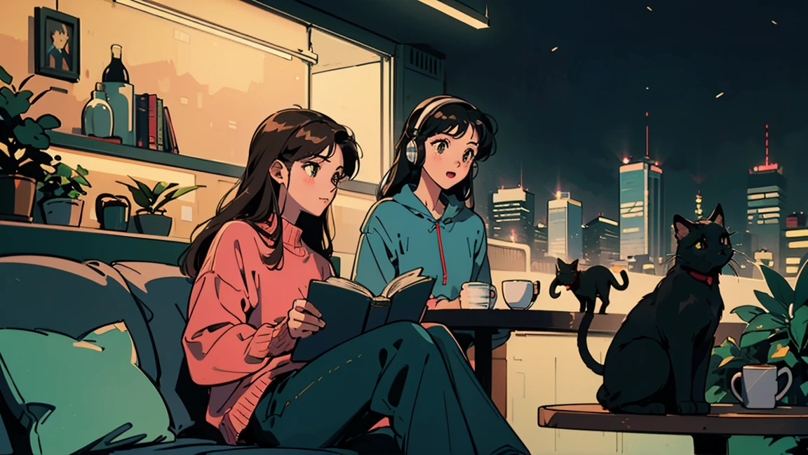 Highest quality, 8k, 1990s style,Hairstyles of the 2010s, 2 Girls, Black Hair, Long Hair, Light brown eyes, City Pop, pants ,Night view, Wear headphones,Reading a book, whole body, Relax Coffee,table,making,look at me, Black cat