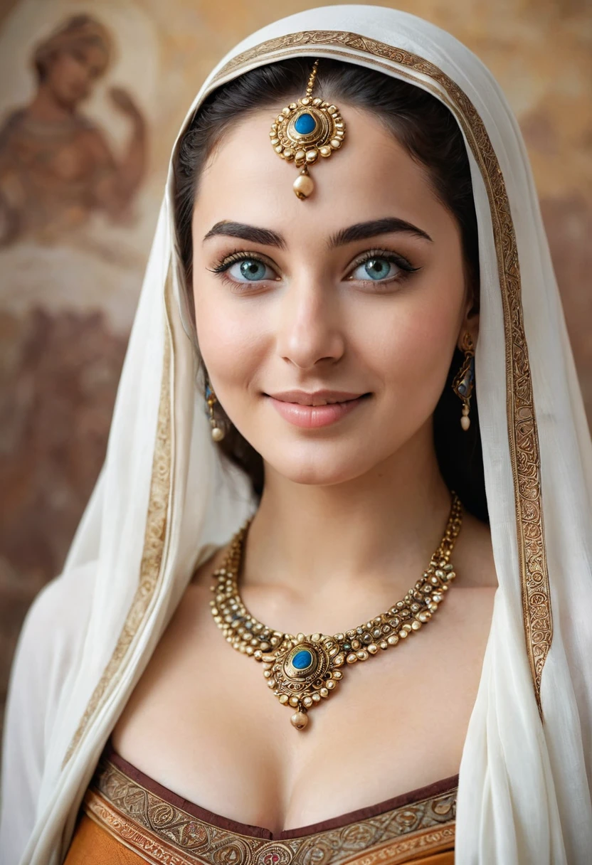 sportsbra, cleavage, hijabi, Absurd, ultra-detailed, high quality, masterpiece, detailed face, beautiful eyes(detailed eyes), Greek mythology Goddess, Hestia, goddess of the hearth and home, gentle and graceful, face exudes warmth and kindness, eyes described as soft and comforting, gentle and steady gaze, overall appearance is simple and modest, The fabric of her garments is usually depicted as soft and earth-toned, beauty lies not in extravagant adornments, Her smile is serene and welcoming