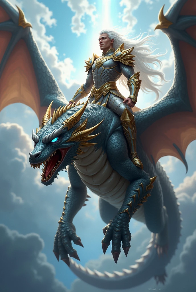 A male paladin with long white hair flying atop a muscular white celestial dragon with an angry face and white and gold wings and blue eyes.